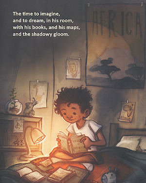 An illustration from a children's storybook of a child reading
